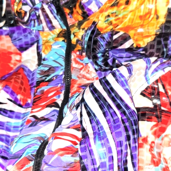 LINEER Jacket XL Multi Color Tropical Print with Shine Rouching Detail - Picture 5 of 9